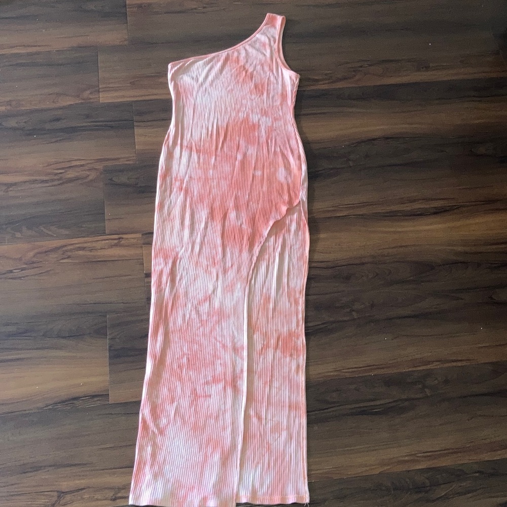 Tie-dye Womens One-Shoulder Asymmetrical Maxi Dress in Coral - sexy slit